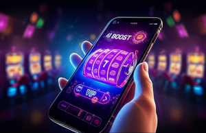 สูตรสล็อต AI BOOST ของ ufaslotsuper คืออะไร? เจาะลึกระบบอัตโนมัติที่ช่วยเพิ่มโอกาสชนะ ภาพประกอบเทคโนโลยี AI BOOST ในเกมสล็อตออนไลน์ พร้อมผู้เล่น VIP ที่กำลังเล่นบนมือถือในบรรยากาศคาสิโนทันสมัย
