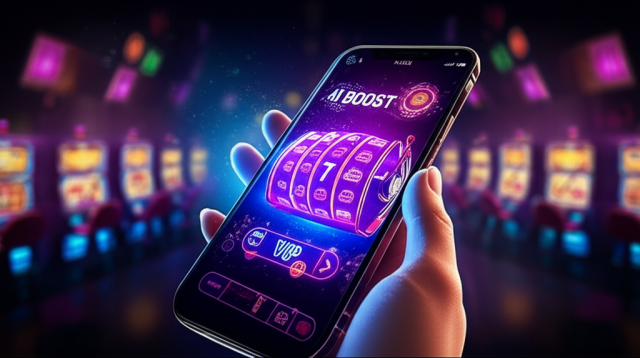 สูตรสล็อต AI BOOST ของ ufaslotsuper คืออะไร? เจาะลึกระบบอัตโนมัติที่ช่วยเพิ่มโอกาสชนะ ภาพประกอบเทคโนโลยี AI BOOST ในเกมสล็อตออนไลน์ พร้อมผู้เล่น VIP ที่กำลังเล่นบนมือถือในบรรยากาศคาสิโนทันสมัย