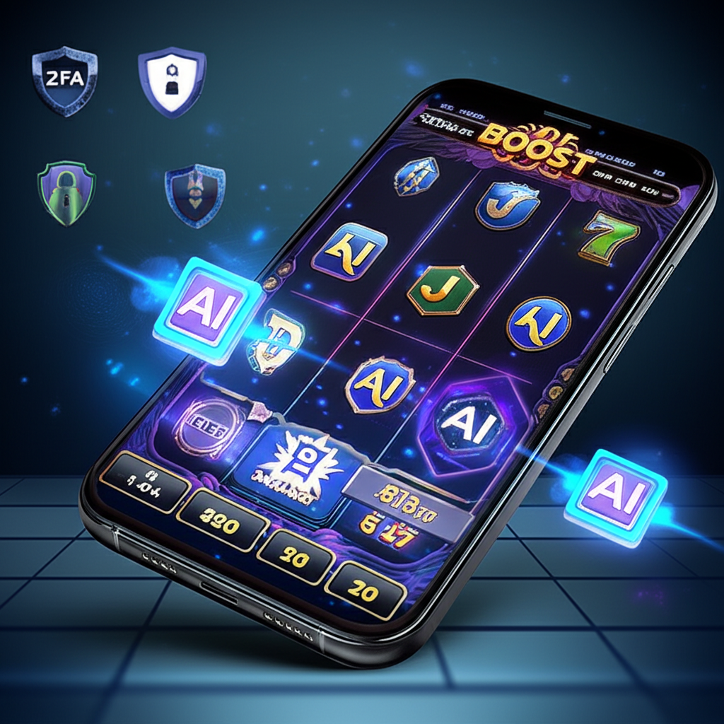 ภาพกราฟิก 4K แสดงเกมสล็อตบนมือถือพร้อมระบบ AI BOOST และความปลอดภัย SSL 256-bit บนแพลตฟอร์ม ufaslotsuper