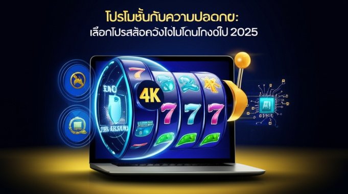 โปรโมชั่นกับความปลอดภัย: เลือกโปรสล็อตยังไงไม่โดนโกงในปี 2025 ภาพประกอบโปรโมชั่นสล็อตและระบบความปลอดภัยระดับพรีเมียมในปี 2025 พร้อมสัญลักษณ์ SSL 256-bit, RNG, 2FA และ AI BOOST