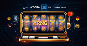 RNG ได้รับการรับรองอย่างไร? มาตรฐานสากลและหน่วยงานตรวจสอบในสล็อตออนไลน์ ภาพประกอบสล็อตแมชชีนพร้อมสัญลักษณ์ RNG และโลโก้มาตรฐานสากล eCOGRA และ SSL 256-bit แสดงถึงความปลอดภัยและความยุติธรรมในสล็อตออนไลน์