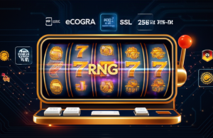 RNG ได้รับการรับรองอย่างไร? มาตรฐานสากลและหน่วยงานตรวจสอบในสล็อตออนไลน์ ภาพประกอบสล็อตแมชชีนพร้อมสัญลักษณ์ RNG และโลโก้มาตรฐานสากล eCOGRA และ SSL 256-bit แสดงถึงความปลอดภัยและความยุติธรรมในสล็อตออนไลน์