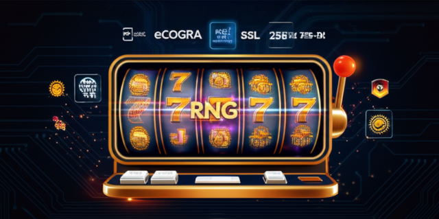 RNG ได้รับการรับรองอย่างไร? มาตรฐานสากลและหน่วยงานตรวจสอบในสล็อตออนไลน์ ภาพประกอบสล็อตแมชชีนพร้อมสัญลักษณ์ RNG และโลโก้มาตรฐานสากล eCOGRA และ SSL 256-bit แสดงถึงความปลอดภัยและความยุติธรรมในสล็อตออนไลน์