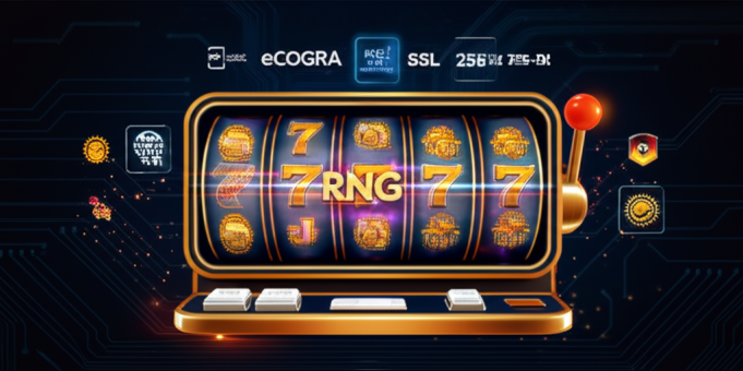 RNG ได้รับการรับรองอย่างไร? มาตรฐานสากลและหน่วยงานตรวจสอบในสล็อตออนไลน์ ภาพประกอบสล็อตแมชชีนพร้อมสัญลักษณ์ RNG และโลโก้มาตรฐานสากล eCOGRA และ SSL 256-bit แสดงถึงความปลอดภัยและความยุติธรรมในสล็อตออนไลน์