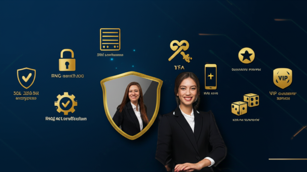 ภาพแสดงระบบความปลอดภัยระดับโลกของ ufaslotsuper เช่น SSL 256-bit, RNG, 2FA Security และบริการ VIP EXCLUSIVE