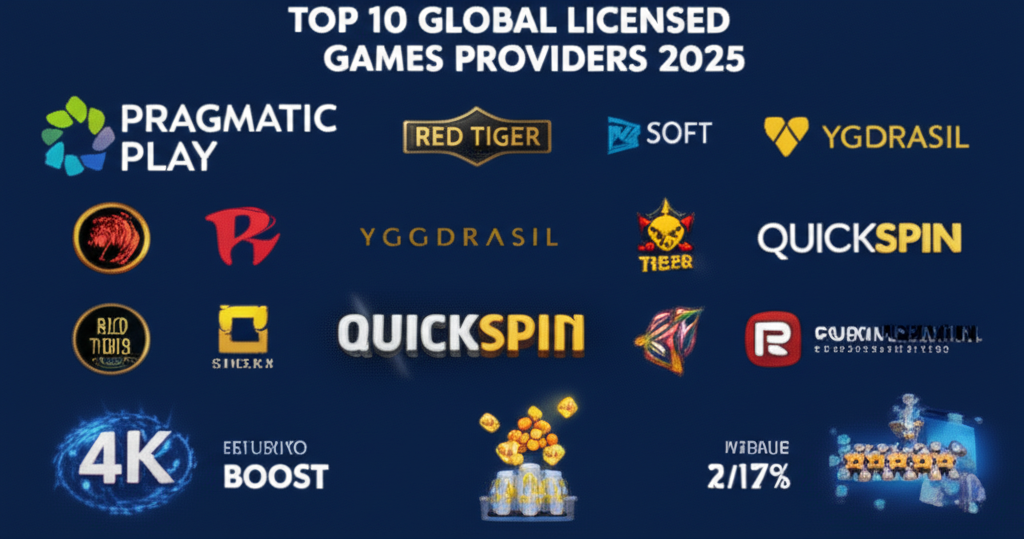อินโฟกราฟิกแสดง 10 ค่ายเกมสล็อตระดับโลกที่ได้รับใบอนุญาตและจุดเด่นในปี 2025