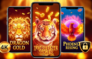 กรณีศึกษาผู้เล่นจริงกับระบบทดลองเล่นฟรีบน ufaslotsuper ภาพประกอบธีมสล็อตออนไลน์พรีเมียมของเกม Dragon Gold, Fortune Tiger และ Phoenix Rising บนมือถือ พร้อมสัญลักษณ์ VIP และเทคโนโลยี AI BOOST จาก ufaslotsuper