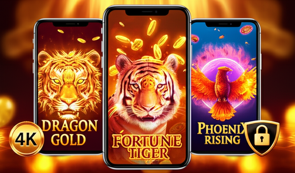 ภาพประกอบธีมสล็อตออนไลน์พรีเมียมของเกม Dragon Gold, Fortune Tiger และ Phoenix Rising บนมือถือ พร้อมสัญลักษณ์ VIP และเทคโนโลยี AI BOOST จาก ufaslotsuper