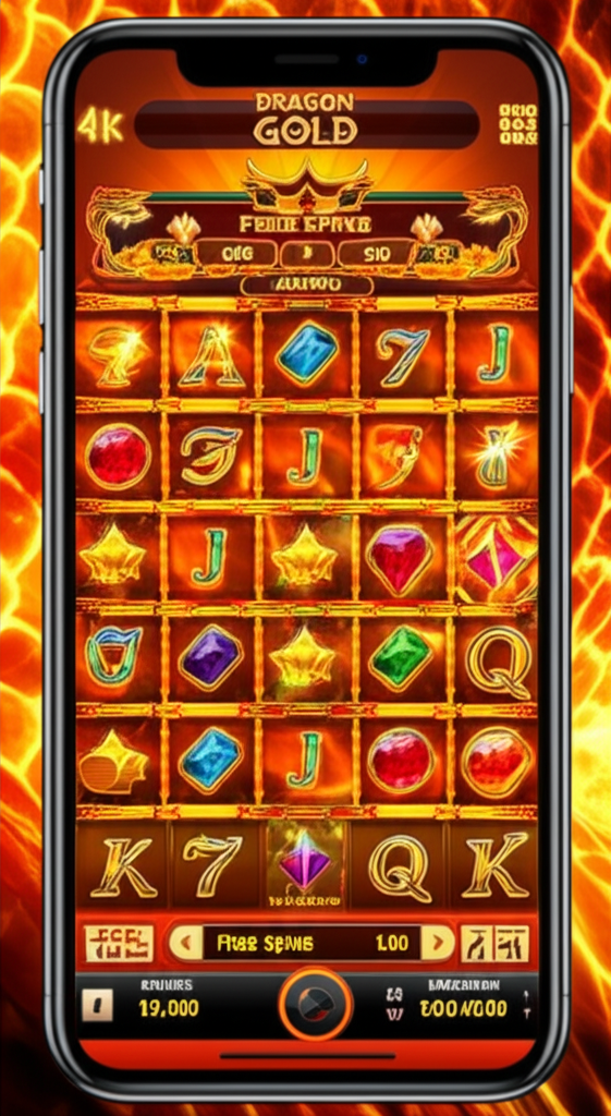 ภาพเกม Dragon Gold บนมือถือ แสดงกราฟิก 4K สัญลักษณ์ Wild, Scatter, ฟรีสปิน และแจ็คพอต พร้อมสัญลักษณ์ AI BOOST จาก ufaslotsuper
