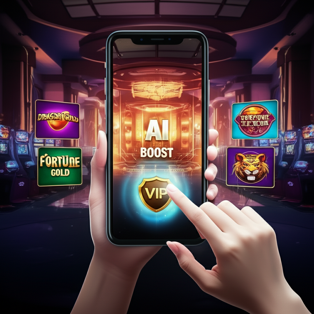 ภาพผู้เล่น VIP ใช้สูตรสล็อต AI BOOST บนมือถือในบรรยากาศคาสิโนดิจิทัลสุดพรีเมียมของ ufaslotsuper