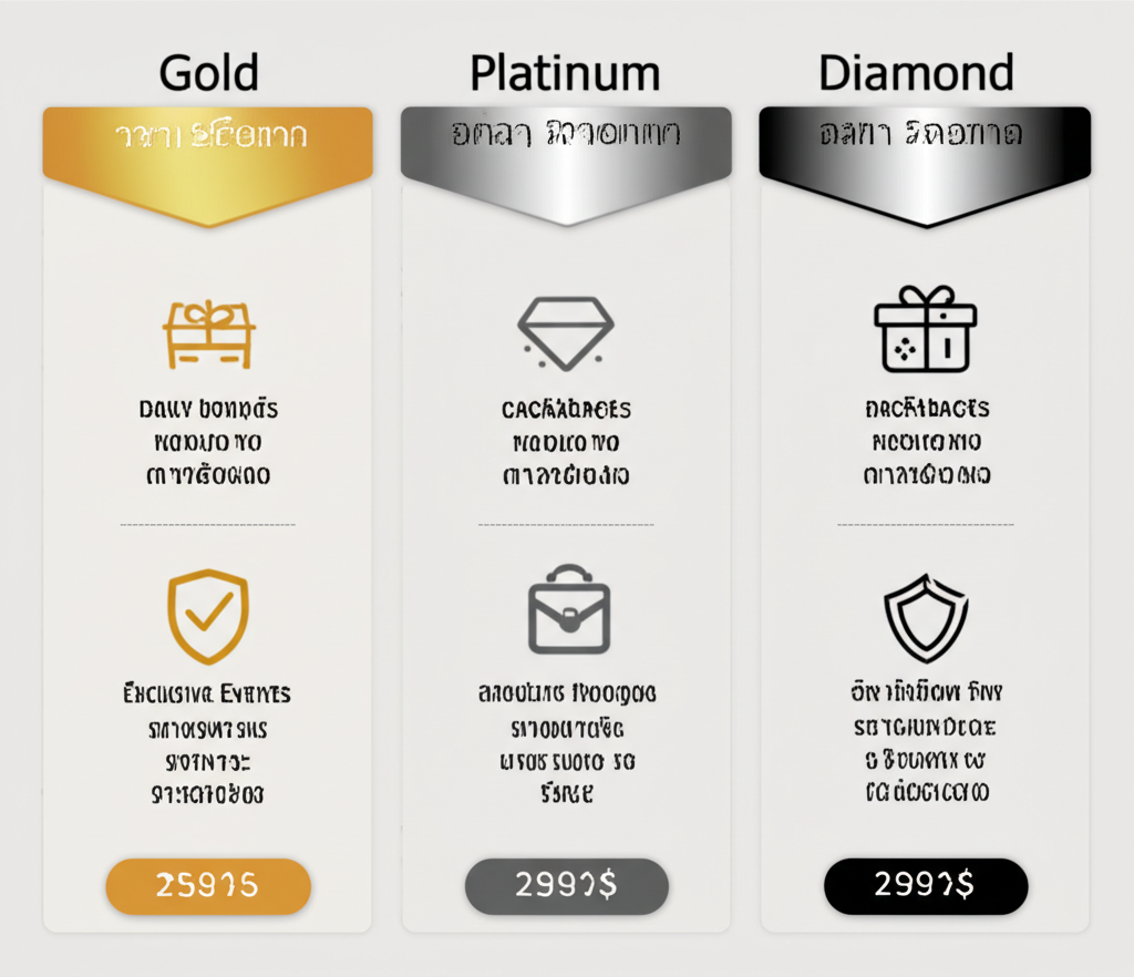 แผนภูมิเปรียบเทียบสิทธิพิเศษของสมาชิก VIP 3 ระดับ Gold, Platinum และ Diamond ของ ufaslotsuper