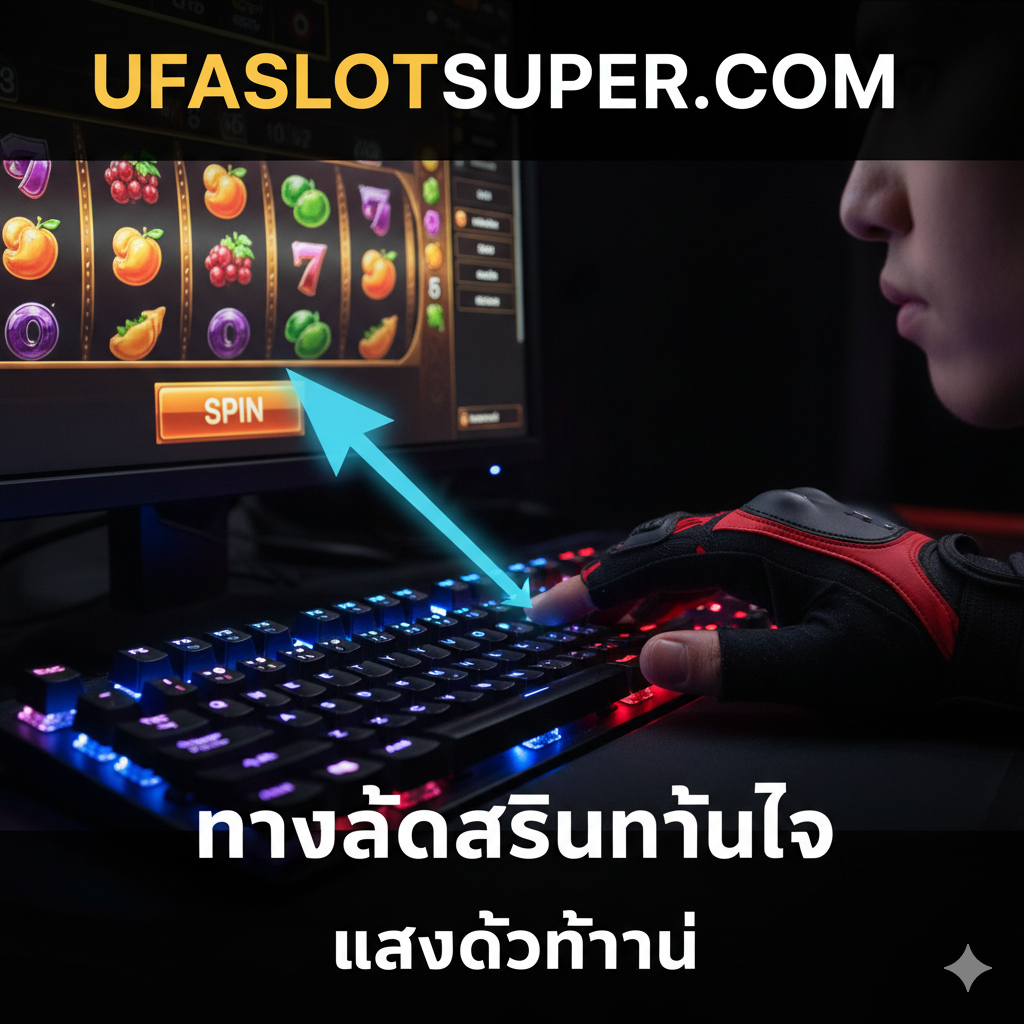 ภาพที่เน้นฟีเจอร์เด่นสำหรับ PC Gamer โดยเฉพาะ โฟกัสหลักอยู่ที่มือของผู้เล่นที่กำลังกด 'Spacebar' บนคีย์บอร์ดเกมมิ่งที่มีไฟ LED สว่างไสว พื้นหลังเป็นภาพหน้าจอเกมสล็อตที่ถูกครอบตัดให้เห็นแค่ส่วนของปุ่ม 'Spin' บนจอ PC ที่กำลังทำงาน และมีลูกศรชี้จาก 'Spacebar' ไปที่ปุ่ม 'Spin' เพื่อแสดงการเชื่อมโยงของปุ่มลัด เน้นความรู้สึกของการควบคุมที่รวดเร็วและแม่นยำ โทนสีเน้นสีแดง สีดำ และแสงสีฟ้าจากไฟ LED เพื่อให้ดูเป็นเกมมิ่งและมีพลังงาน ภาพควรสื่อถึงความรวดเร็วแบบ 'Instant Play' และ 'Shortcut Keys'