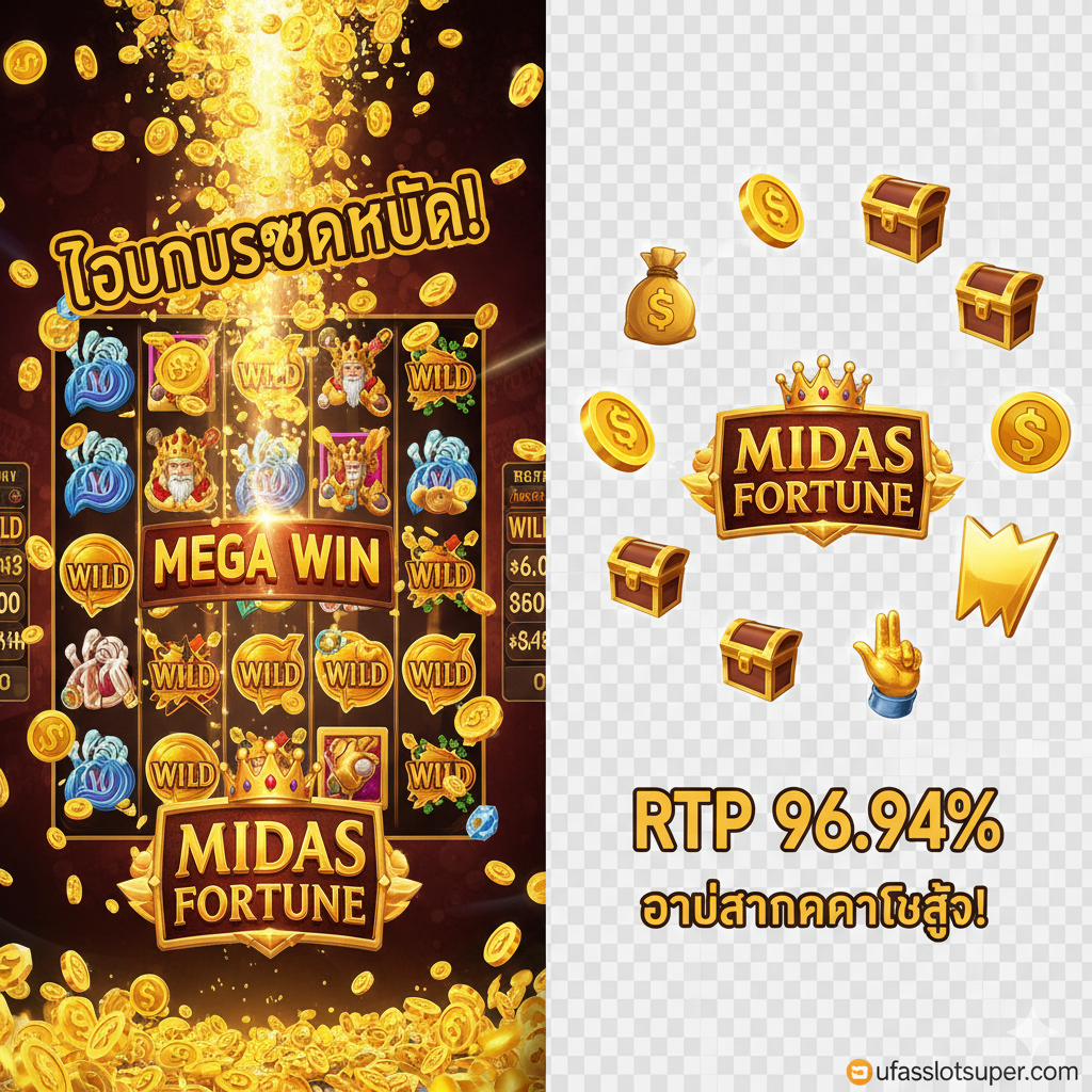 ภาพเปรียบเทียบที่เน้นจุดแข็งของ Midas Fortune โดยแบ่งภาพออกเป็นสองส่วน ส่วนแรกเป็นภาพการชนะรางวัลใหญ่ของเกมที่น่าตื่นตาตื่นใจ ส่วนที่สองเป็นภาพแสดงตัวอย่าง PNG Assets ของโลโก้เกมและสัญลักษณ์สำคัญที่มีพื้นหลังโปร่งใส (อาจใช้พื้นหลังลายตารางหมากรุกจางๆ) พร้อมข้อความเน้นย้ำเรื่อง RTP 96.94% ที่สูง เพื่อตอบโจทย์คำค้นหา midas fortune slot pg png และแสดงถึงข้อได้เปรียบในการทำกำไร