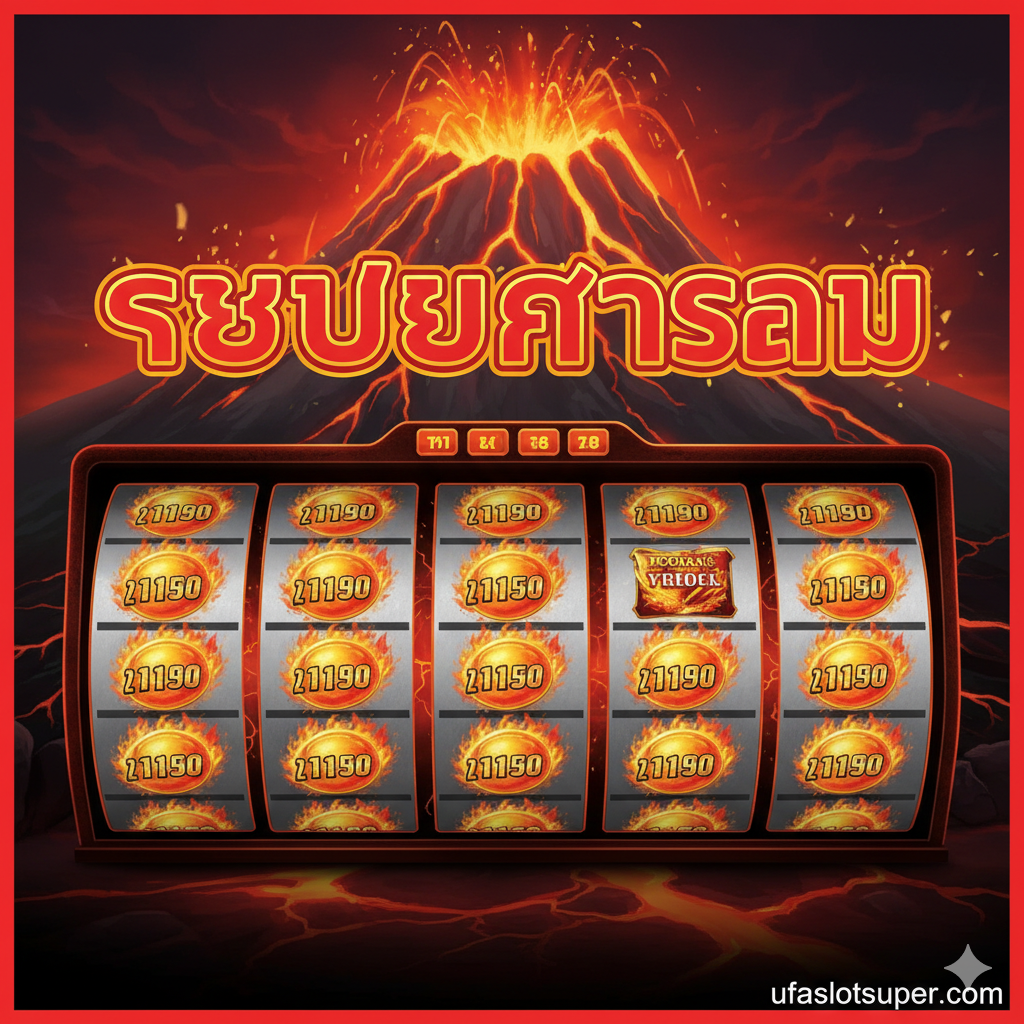 功能特性圖，重點展示“ระเบิดรางวัล” (Eruption of Wins) 的核心機制。畫面中央是一個老虎機屏幕的特寫，顯示了經典的Hold & Respin或Fireball Link功能正在觸發，大量金幣狀的“火球”符号被鎖定在卷軸上。背景是一個風格化的火山剪影，有熾熱的裂縫和流動中的岩漿。色調以火紅、亮橙和深灰為主，強調出“累積”和“爆炸性回報”的遊戲特点。