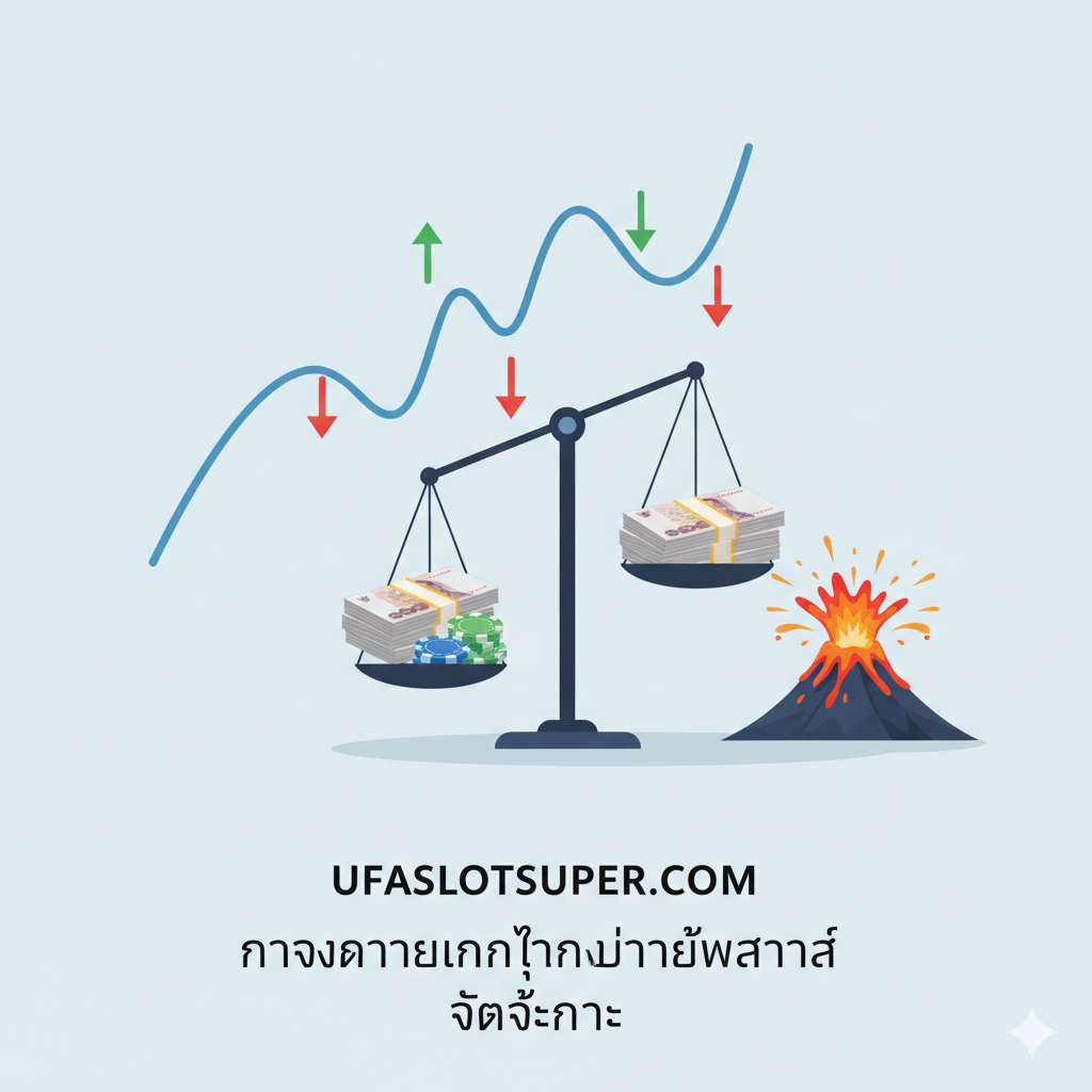 教程指導圖，聚焦於“การจัดการเงินทุนอย่างชาญฉลาด” (Smart Money Management) 和“จับจังหวะ” (Timing)。圖片應以抽象或概念性的方式呈現一個曲線圖或一個帶有'Up'和'Down'箭頭的平衡秤，象徵着賭注的增減和時機把握。下方可放置一疊整齊的泰銖鈔票和一些籌碼，以及一個微小的、正在蓄積能量的火山，暗示等待大獎爆發。風格應現代、簡潔，色彩使用冷靜的藍色或綠色與激情的紅色形成對比，體現策略性。