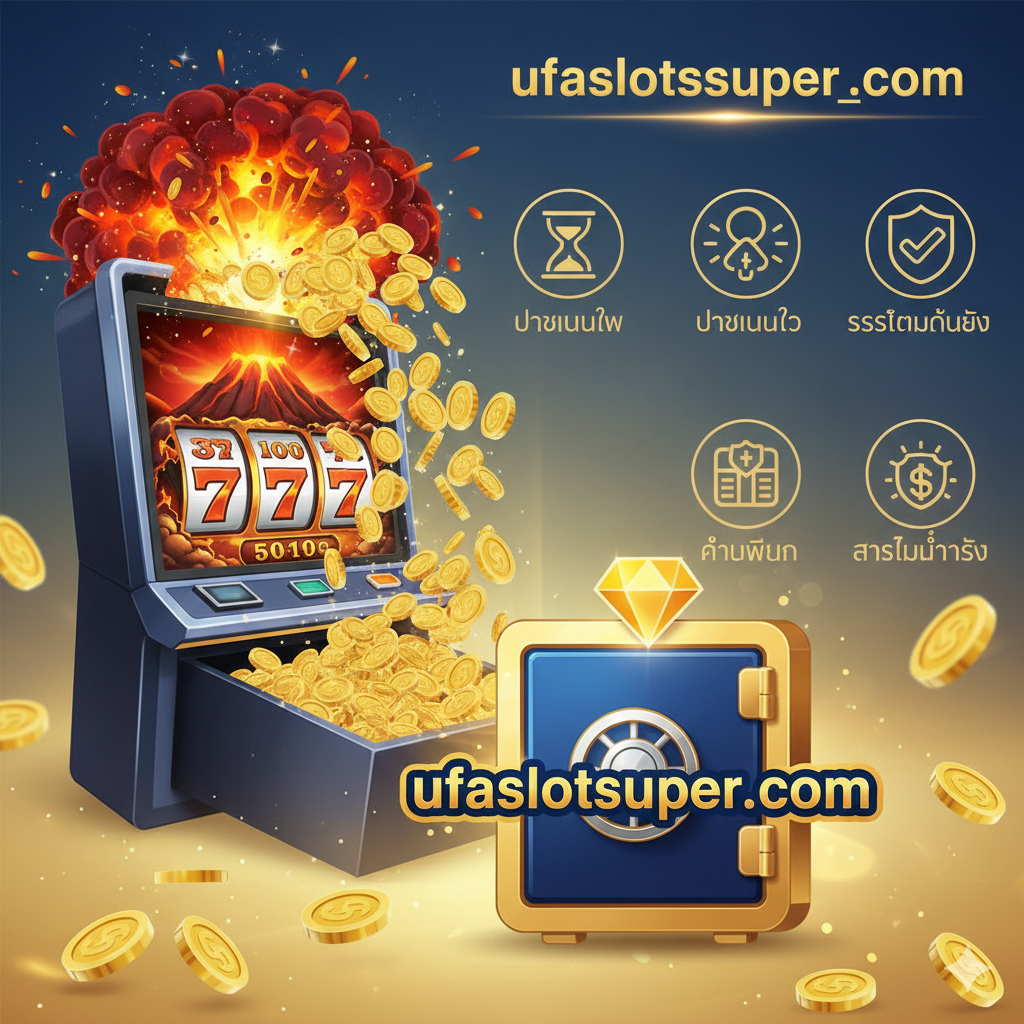 優勢特点圖，強調ufaslotsuper.com的可靠性和快速支付。畫面應展示一個快速、流動的金幣瀑布，從老虎機的屏幕流入一個象徵着“ufaslotsuper.com”的閃亮保險箱或標誌中。背景應有簡潔的圖標或文字（เช่น 'Fast Payout' 或 'Secure System' เป็นภาษาอังกฤษ/ไทย）圍繞。整體色彩明亮、乾淨，以金色和藍色為主，象徵信任和效率，構圖注重速度感和豐收感。