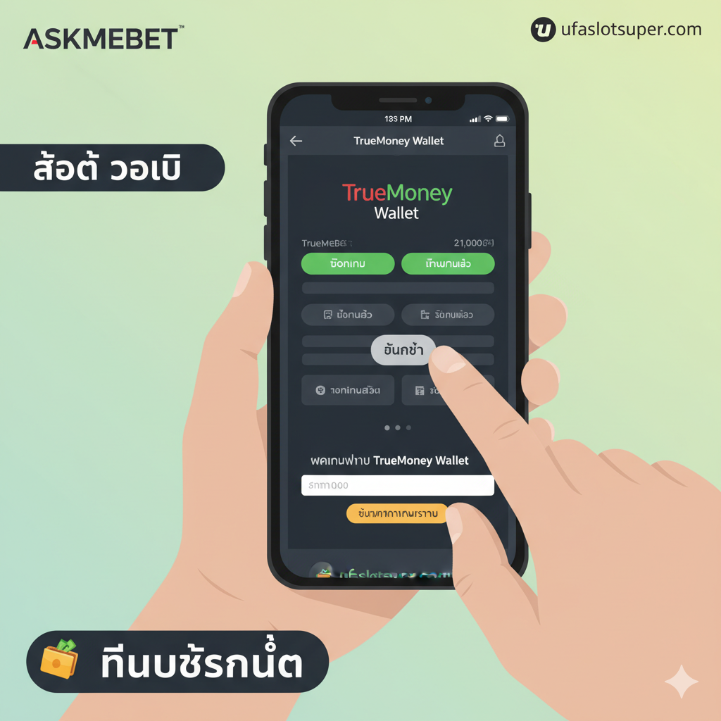 ภาพแสดงขั้นตอนการทำธุรกรรมผ่าน Askmebet วอเลท บนหน้าจอมือถือ พร้อมโลโก้ Wallet และข้อความ 'ไม่มีขั้นต่ำ'