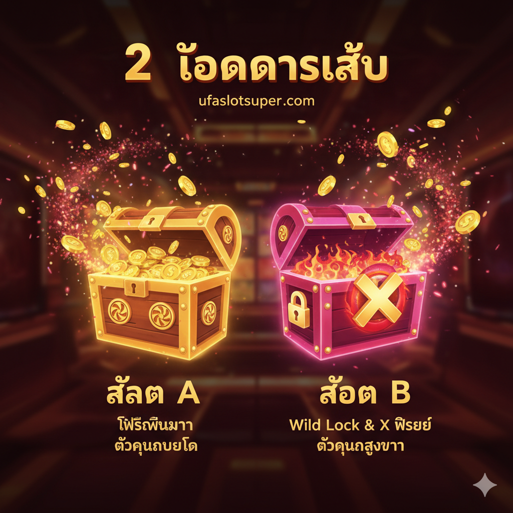 ภาพฟีเจอร์ Dual Slot ของ ufaslotsuper แสดงกล่อง Slot A (ฟรีสปินมาก) และ Slot B (Wild Lock & ตัวคูณพิเศษ)