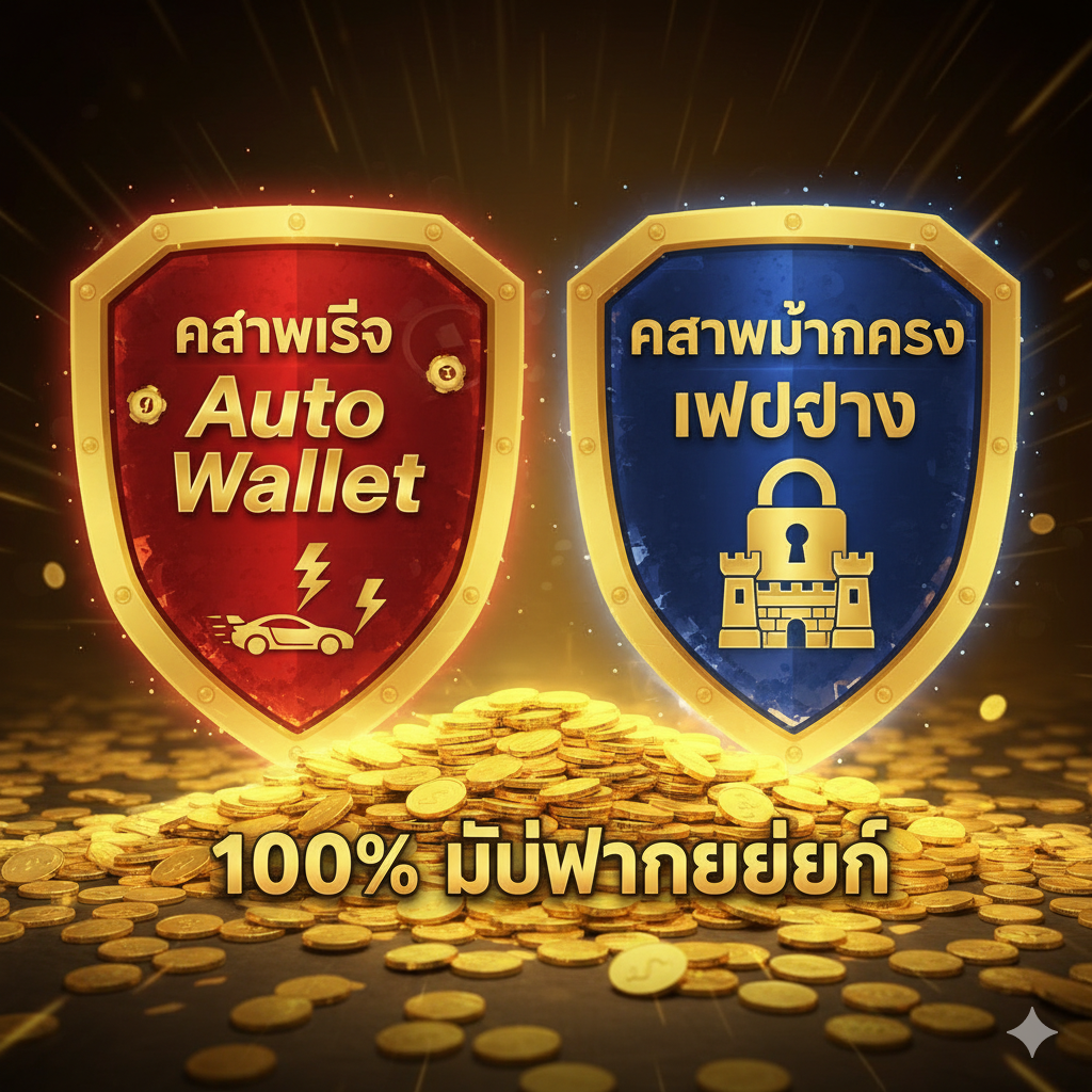 ภาพเปรียบเทียบข้อได้เปรียบ A/B ของ ufaslotsuper โดยมีโล่ความเร็ว (Auto Wallet) และโล่ความมั่นคง (เว็บตรง) พร้อมคำมั่นสัญญา 100% ไม่ผ่านเอเย่นต์