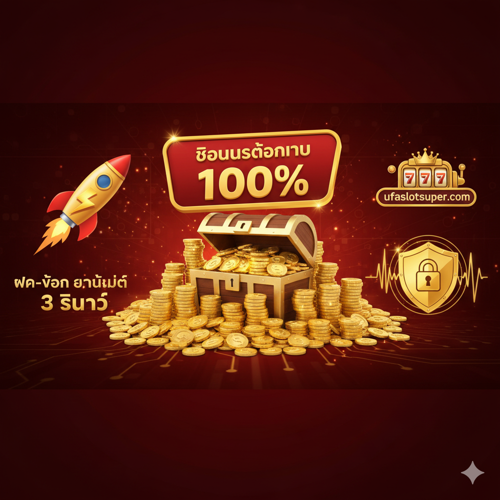 ภาพที่เน้นย้ำถึงข้อได้เปรียบของ ufaslotsuper องค์ประกอบหลักคือเหรียญทองจำนวนมหาศาลหรือหีบสมบัติที่มีป้าย "โบนัสต้อนรับ 100%" แปะอยู่ มีสัญลักษณ์ที่สื่อถึงความเร็ว เช่น สายฟ้าหรือจรวด พร้อมข้อความ "ฝาก-ถอน อัตโนมัติ 3 วินาที" ใช้สีทองและแดงเป็นหลัก เพื่อสื่อถึงความคุ้มค่าและความรวดเร็วในการบริการ สร้างความน่าเชื่อถือให้กับแพลตฟอร์มด้วยกราฟิกของระบบรักษาความปลอดภัยที่มั่นคง