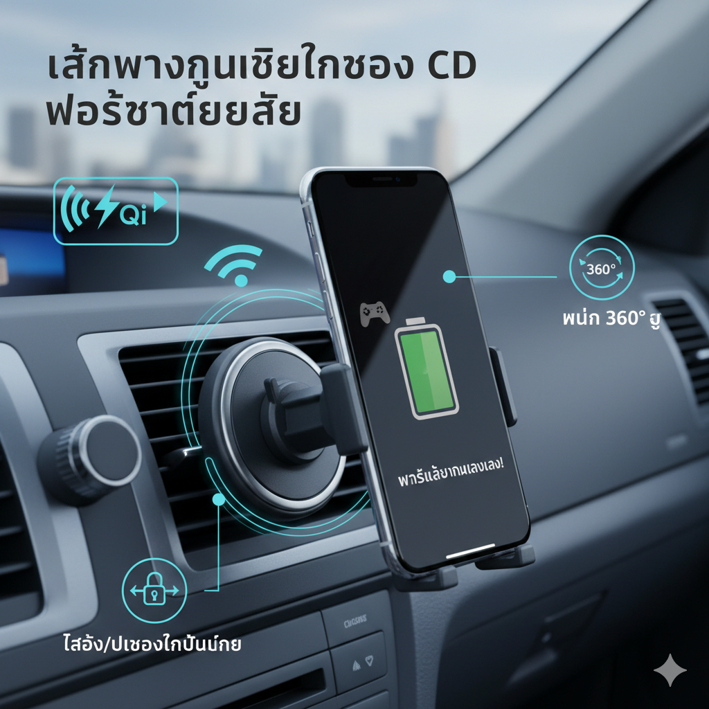功能特性的插图式照片，重点展示CD槽支架的“无线充电”功能。图片应采用简洁、科技感强的风格，背景可以是蓝或灰色的几何图案。主体是一个集成了Qi无线充电功能的CD槽手机支架，有明显的闪电或充电符号。旁边用小图标或箭头突出显示其他关键特性，如“360度旋转”和“一键锁定/解锁”机制。手机屏幕上可以有微弱的电池满格标志，强调充电功能对于长时间玩游戏的必要性。