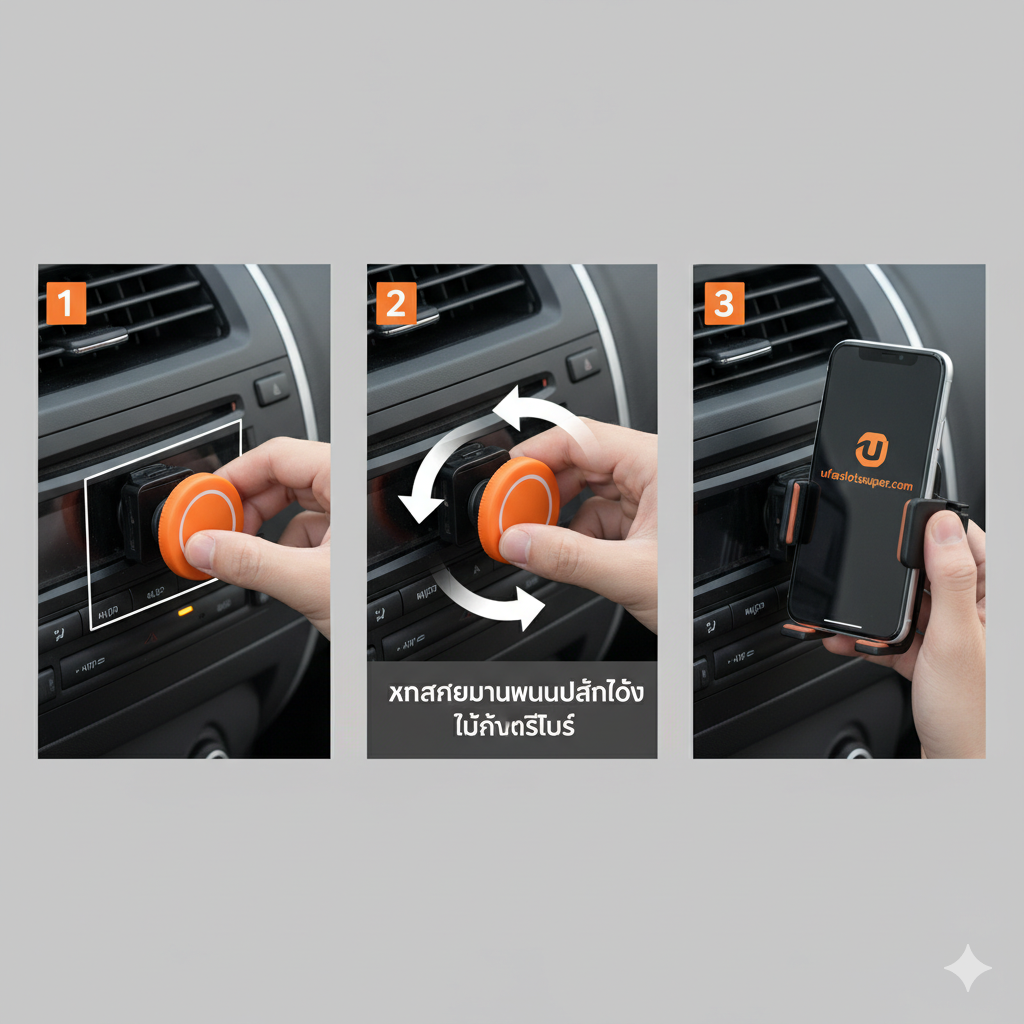 步骤分解图，以三个或四个简单的插画或照片蒙太奇形式展示CD槽支架的安装过程（教程）。第一步：将支架插入CD槽。第二步：旋转或拧紧锁定机制（突出显示锁定旋钮）。第三步：将手机放入支架并锁定。图片风格应简洁明了，以手的动作和产品关键部件为主要元素。使用高对比度的色彩和清晰的编号，便于用户理解“ขันสกรูหรือหมุนแป้นล็อกให้แน่นที่สุด”这一关键步骤。
