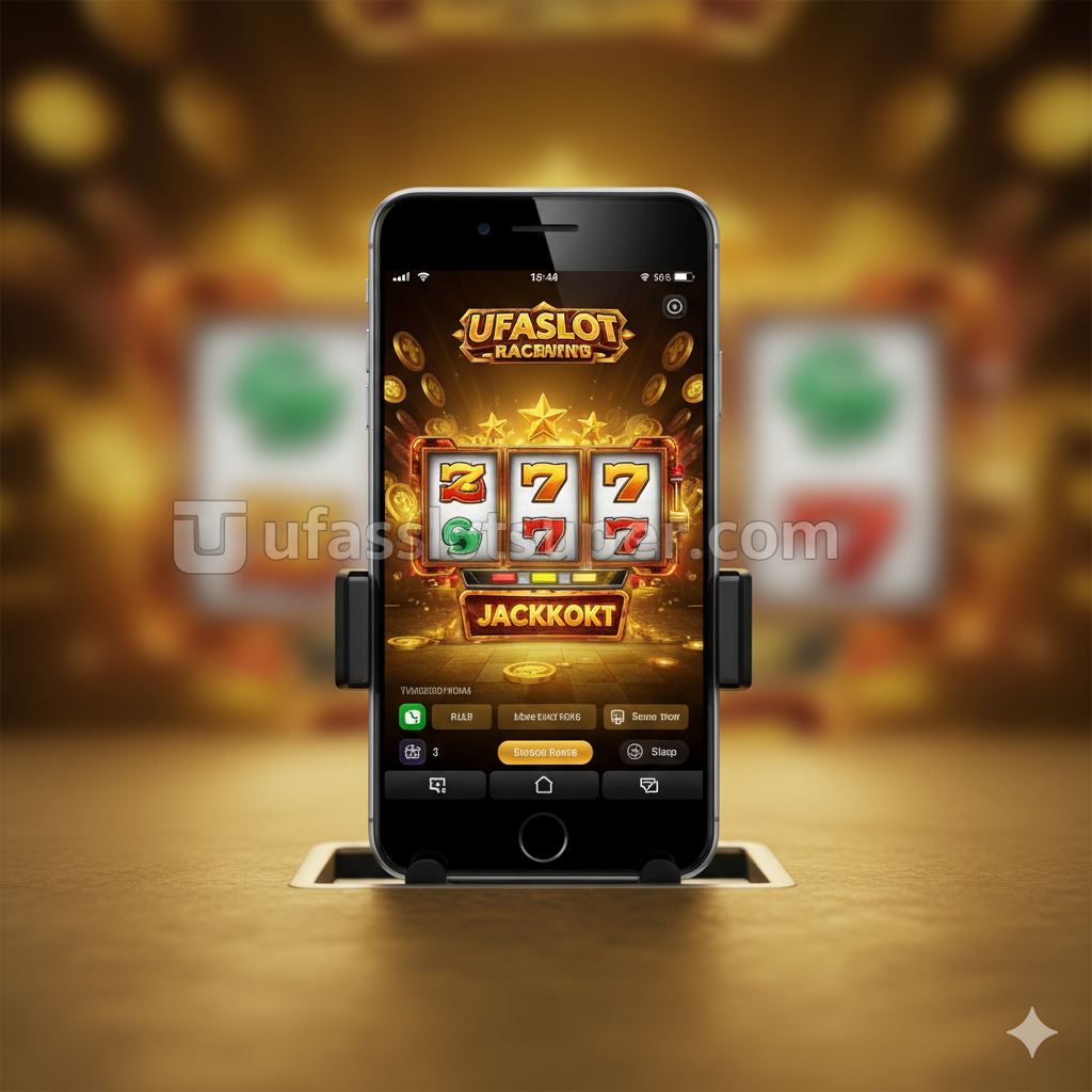 总结性概念图，将CD槽手机支架的“稳定”与“游戏胜利”的主题相结合。画面中心是手机稳稳地固定在CD槽支架上，手机屏幕清晰显示一个ufaslot风格的老虎机界面，并且是“大奖/Jackpot”的状态。背景可以有模糊的金色光芒或符号，象征财富和成功。图片应传达出“ความมั่นคง = ชัยชนะ”的概念，强调支架的稳定性是玩家保持专注、不中断游戏体验的关键，从而提高获胜机会。风格应充满活力和积极性。