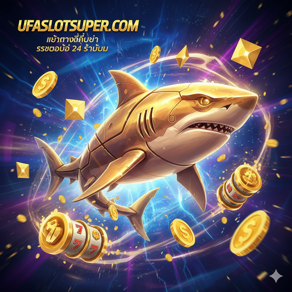 一张吸引眼球的封面图,主题为'PG Slot Shark66 ทางเข้ามือถือ'。主视觉应是充满活力、未来感的深蓝色和金色调,象征财富与科技。中心构图是一只抽象或卡通风格的金色鲨鱼(Shark66),眼神锐利,嘴里叼着或周围环绕着PG Soft标志性的钻石、金币或老虎机符号。背景应有ufaslotsuper.com的Logo或网址以增强品牌识别度,并以'เว็บตรงที่ดีกว่า'และ'ระบบออโต้ 24 ชั่วโมง'的泰文标语作为次要信息突出,整体风格要体现出速度感和高爆率。