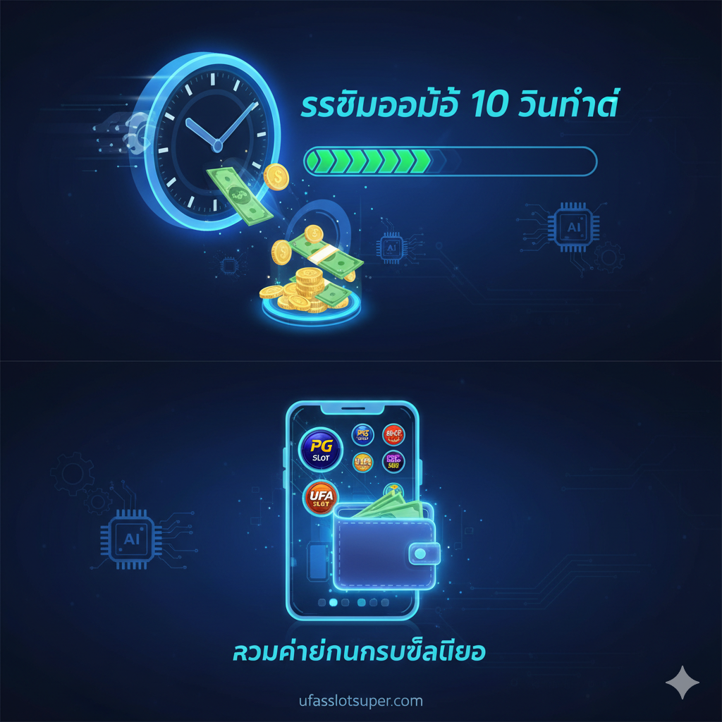 功能特性图，重点突出'ระบบออโต้ 10 วินาที'และ'รวมค่ายในกระเป๋าเดียว'。构图应分为左右两部分或上下两层。左侧或上部展示一个快速流动的进度条或时钟，强调'10 วินาที'的快速存取款，配以金币和钞票的堆叠。右侧或下部则以一个虚拟的手机屏幕或钱包为主体，里面清晰可见PG Slot和UFA Slot的图标，象征单钱包系统。色彩使用科技蓝和亮绿色，营造高效、便捷的氛围。可以加入小小的AI芯片或齿轮图案，暗示系统的智能性。