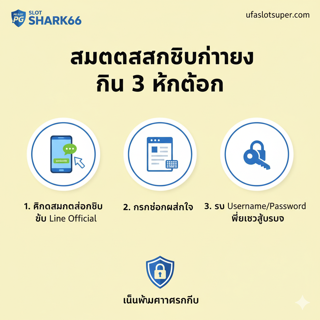 教程指导图,展示'สมัครสมาชิกง่ายๆ ใน 3 ขั้นตอน'。图片采用简洁明了的信息图表风格。构图为水平或垂直排列的三个编号步骤图标:1. 手机图标(代表点击สมัครสมาชิกหรือLine Official),2. 表单图标หรือ键盘图标(代表กรอกข้อมูล),3. กุญแจหรือ登录图标(代表รับ Username/Password)。每个步骤图标下方配以简洁的泰文说明。背景色采用柔หอ่อนของ淺色,เช่น白色หรือ淡黄色,使步骤清晰易读。底部可以加上一个盾牌锁头图标,突出'เน้นย้ำความปลอดภัย'。