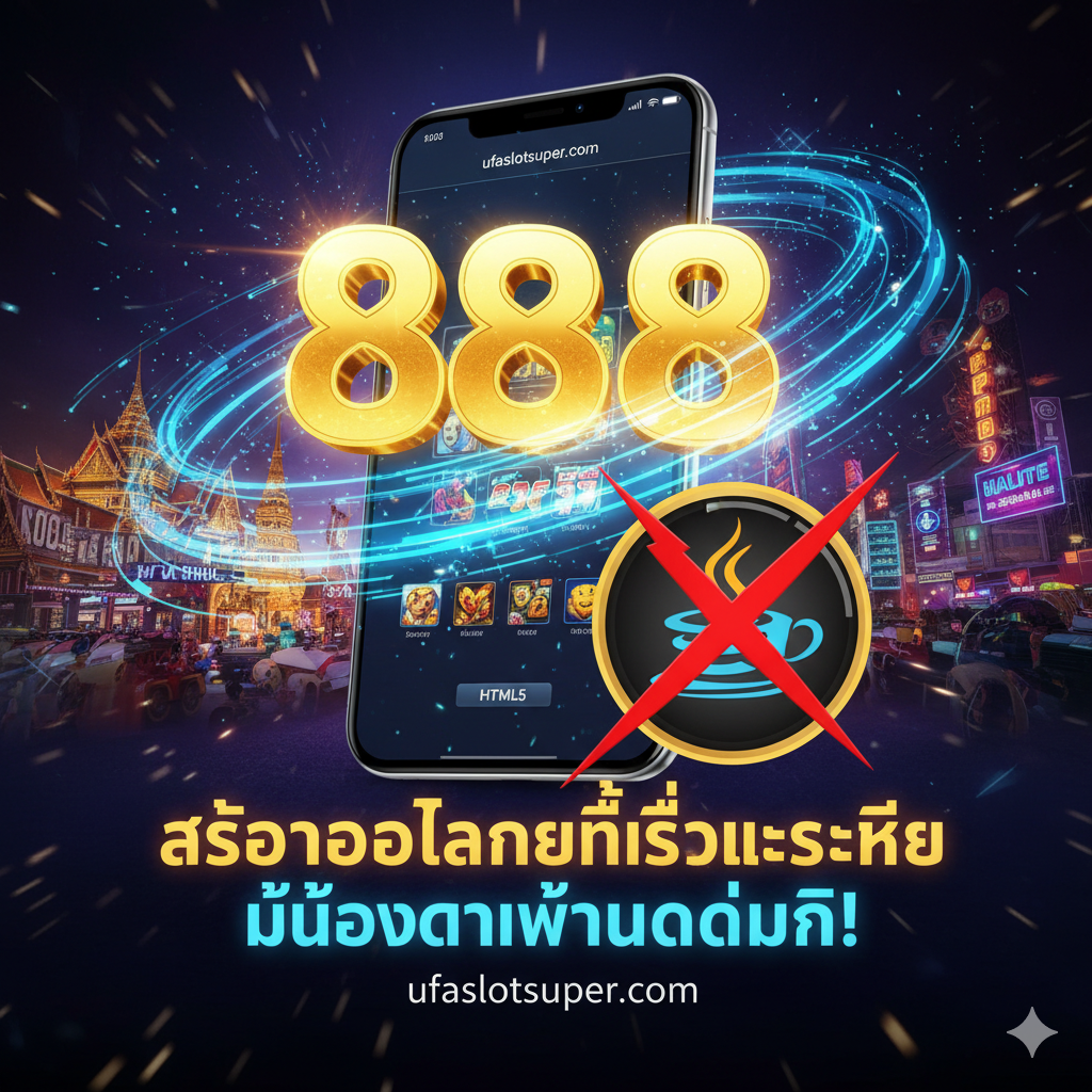 封面图片,主题是“Java Slot 888”的现代化替代方案。画面中央是一个巨大的、闪亮的金色数字“888”,周围環繞着象征速度和连接的蓝色和青色科技线条。前景有一个现代智能手机(显示ufaslotsuper.com的简洁、高速加载的HTML5老虎机界面),旁边是一个被红色交叉线划掉的旧式“Java”图标或“Loading/Lag”图标,象征淘汰旧技术。背景应是泰式风格的金色光芒和賭场的霓虹灯效果,色彩鲜明,对比强烈,強調“快、穩、不需下載App”。