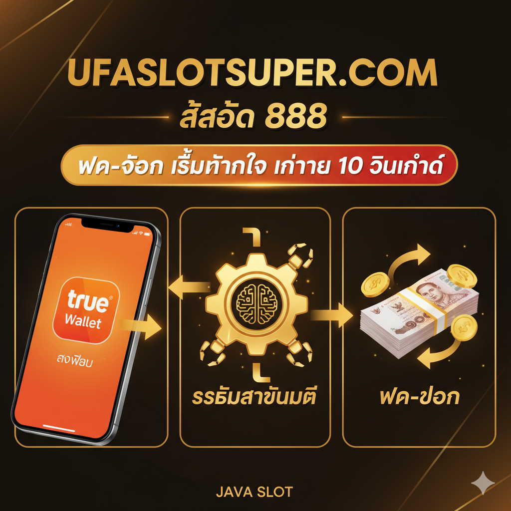 教程图片,重点展示“True Wallet”和“自动存取款”的便利性。畫面以流程图或三步并列形式展示:1. 手机屏幕上的“True Wallet”应用图标;2. 一个代表“Auto System”的齿轮或机器人图标;3. 一叠泰铢(或代表金錢的符号)快速进入/流出。主色调使用True Wallet的橙色/红色与ufaslotsuper.com的金色搭配,强调“ฝาก-ถอน เร็วทันใจ ภายใน 10 วินาที” (存取款快如闪电,10秒内完成) 的文字。构图清晰,指导性强。