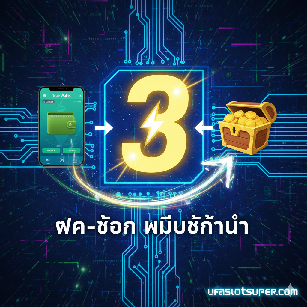 คุณสมบัติเด่นของระบบการทำธุรกรรมแบบ 3 วินาทีผ่าน True Wallet ออโต้ โดยมีตัวเลข 3 และสัญลักษณ์สายฟ้าเน้นย้ำความเร็ว พร้อมคำว่า 'ฝาก-ถอน ไม่มีขั้นต่ำ'