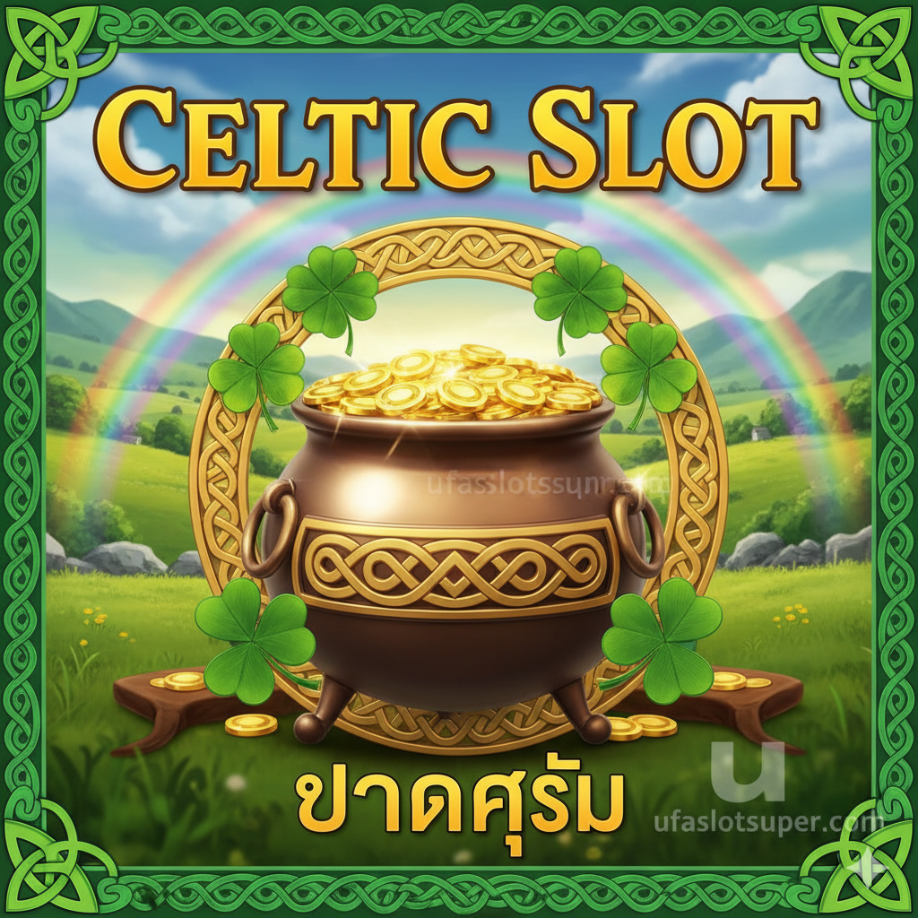 一張引人注目的封面圖,主題為'Celtic Slot แตกง่าย'。畫面中央應是一個巨大的、閃ไพ่ส่องสว่างของเหรียญทอง (Pot of Gold),รอบๆ มีใบโคลเวอร์สี่แฉก (Four-Leaf Clover) และลาย Celtic Knot เป็นฉากหลังเป็นทุ่งหญ้าเขียวขจีในไอร์แลนด์ โดยมีรุ้งกินน้ำทอดตัวลงมาจากท้องฟ้า สไตล์ภาพ 3 มิติคุณภาพสูง