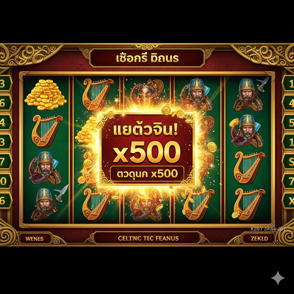 一張突出遊戲功能的圖片，聚焦於核心功能如'Free Spin'和'Multiplier'。畫面應展示一個華麗的สล็อต (Slot Machine) 界面，卷軸上是高價值ไพ่สัญลักษณ์凱爾特符號，例如金幣堆、豎琴和狂野戰士。屏幕中央有一個爆炸性的動畫效果，顯示著'MEGA WIN'或'x500 Multiplier'的數字，象徵獎金倍增。