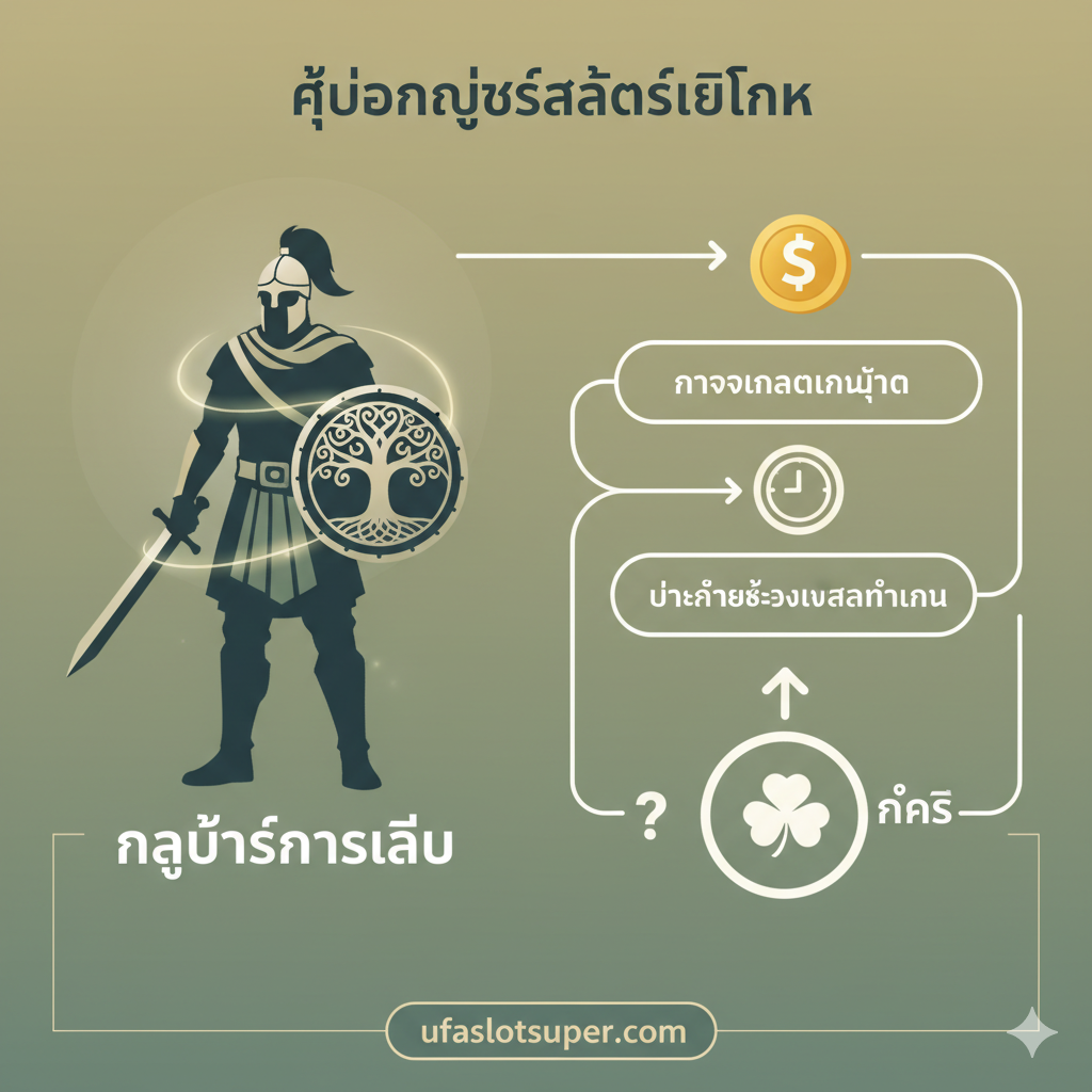 一張關於遊戲策略（กลยุทธ์）的教程圖。構圖應清晰地將一個凱爾特戰士的剪影置於左側，他手持盾牌，象徵著'策略'和'管理資金'。右側是一張簡潔的圖表或流程圖，用箭頭和圖標（如金幣、時鐘、問號）來代表'การจัดการเงินทุน' (Money Management) 和 'วิเคราะห์ช่วงเวลาทำเงิน' (Analyze Hot Time)。