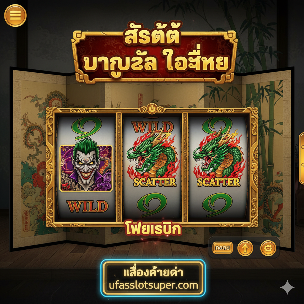 แสดงภาพอินเทอร์เฟซเกม 5x3 สล็อตยากูซ่าโจ๊กเกอร์ เน้นสัญลักษณ์ Wild (โจ๊กเกอร์) และ Scatter (มังกร) ที่จะนำไปสู่ Free Spin