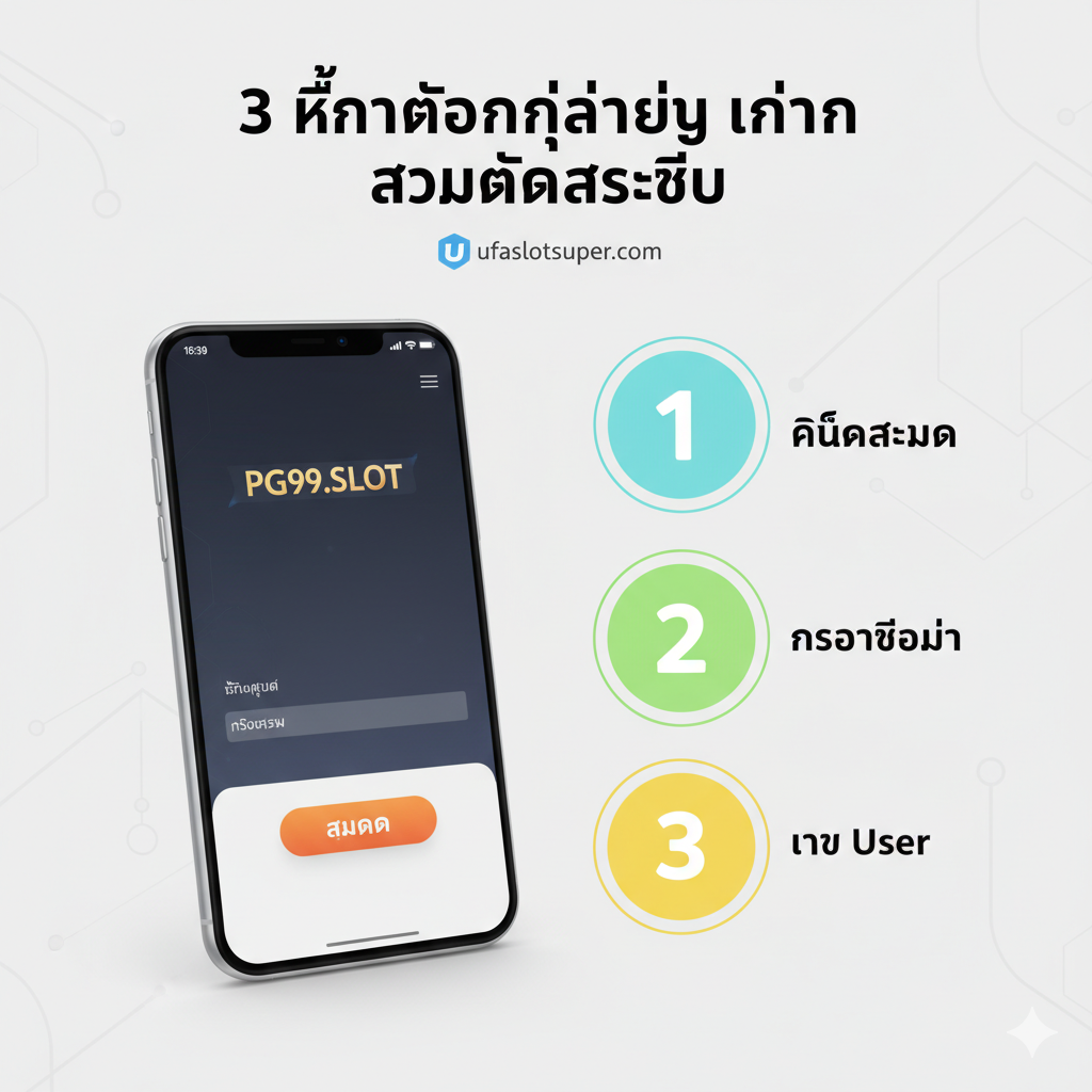 ภาพนี้แสดงธีม '3 ขั้นตอนง่ายๆ ในการสมัครสมาชิก' โดยมีมือถือแสดงหน้า PG99.SLOT ที่มีปุ่มสมัคร พร้อมขั้นตอนที่ 1, 2, 3 เพื่อเน้นการลงทะเบียนที่ง่ายและรวดเร็วบนมือถือโดยไม่ต้องดาวน์โหลดแอปพลิเคชัน