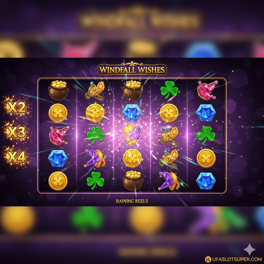 ภาพแสดงกลไก 'Raining Reels' หรือ 'Cascading Reels' ของเกม Winfall Wishes Slot ที่กำลังทำงานอย่างชัดเจน แสดงหน้าจอเกมสล็อตแบบ 5x3 ที่มีสัญลักษณ์ชุดที่ชนะ (Winning Combination) แตกสลายเป็นประกายแสง และมีสัญลักษณ์ใหม่กำลัง 'ร่วงหล่น' ลงมาจากด้านบนเพื่อแทนที่ (Raining) โทนสีเน้นความสว่างสดใสและมีเอฟเฟกต์ของการเคลื่อนไหวที่รวดเร็ว (Motion Blur) เพื่อสื่อถึงการทำคอมโบชนะต่อเนื่อง โดยอาจมีตัวเลข 'X2, X3, X4' แสดงอยู่ด้านข้างเพื่อเน้นฟีเจอร์ตัวคูณที่เพิ่มขึ้น