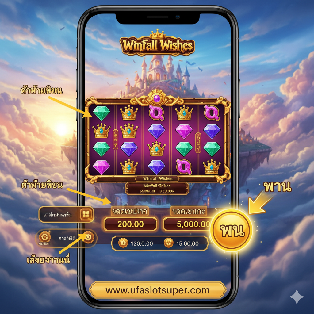 ภาพเหมือนหน้าจอการเล่นจริงของเกม Winfall Wishes Slot ในมุมมองของผู้เล่นมือถือหรือเดสก์ท็อป เน้นส่วนสำคัญสำหรับการ 'สอนเล่น' เช่น ปุ่ม 'Spin' ขนาดใหญ่, ส่วนแสดง 'ยอด Bet' (เงินเดิมพัน) และ 'ยอด Win' (ชนะ) ที่มีตัวเลขสว่างโดดเด่น อาจมีลูกศรชี้ไปยังปุ่มสำคัญ (เช่น ปุ่มตั้งค่า Bet หรือ Auto Spin) เพื่อให้ดูเหมือนเป็นภาพแนะนำการเล่นเบื้องต้น โทนสีของภาพหน้าจอควรเป็นสีสันสดใสของเกมเพื่อดึงดูดความสนใจ