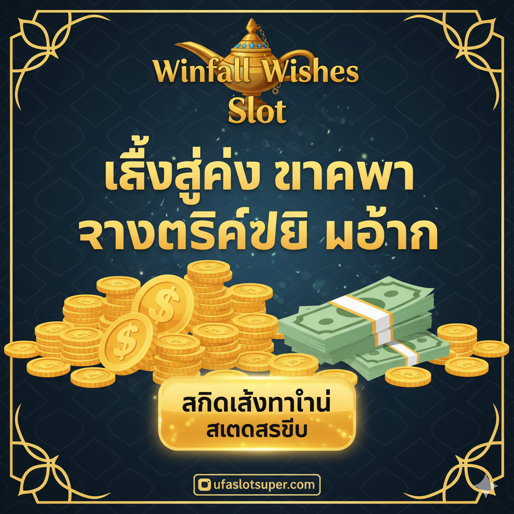 ภาพสรุปที่เน้นข้อความเชิญชวนและโปรโมชั่น 'เครดิตฟรี' แสดงข้อความหลักว่า 'Winfall Wishes Slot เล่นง่าย แตกไว' หรือ 'รับเครดิตฟรี ไม่อั้น' ในฟอนต์ที่อ่านง่ายและโดดเด่น ใช้พื้นหลังเป็นลายแพทเทิร์นอาหรับหรือภาพตะเกียงวิเศษอีกครั้ง พร้อมกับภาพเหรียญทองขนาดใหญ่และกองเงินที่อยู่ด้านหน้าเพื่อสื่อถึง 'กำไรก้อนโต' และมีปุ่ม 'คลิกเล่นทันที' หรือ 'สมัครสมาชิก' ที่สว่างเป็นพิเศษเพื่อกระตุ้นการตัดสินใจของผู้ใช้งาน