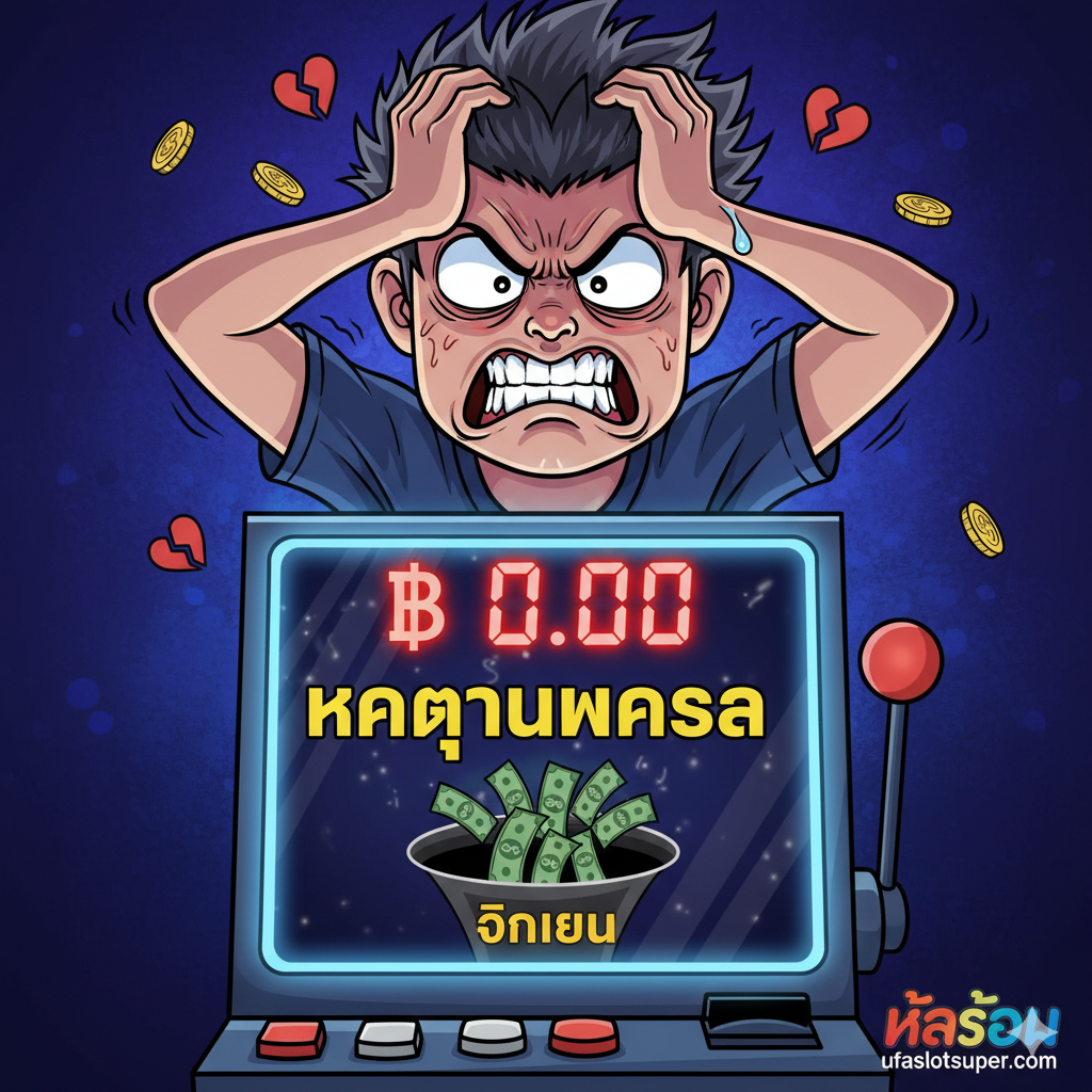 功能/情绪表达图，体现'มีมสล็อตกินเงินมีม'（吃钱มีม）的主题。图片内容是一个著名的'双手抱头、表情绝望或愤怒'的经典มีม模板（例如，一个卡通人物或影视角色），แต่将其放置在一个只显示'฿ 0.00'หรือ'Big Loss'的虚拟老虎机屏幕前方。色彩对比强烈，背景是深色调，以突出角子机的光亮和人物的绝望表情。人物动作夸张，完美表达出玩家投入了大量资金却一无所获的'หัวร้อน'（火热/生气）情绪。