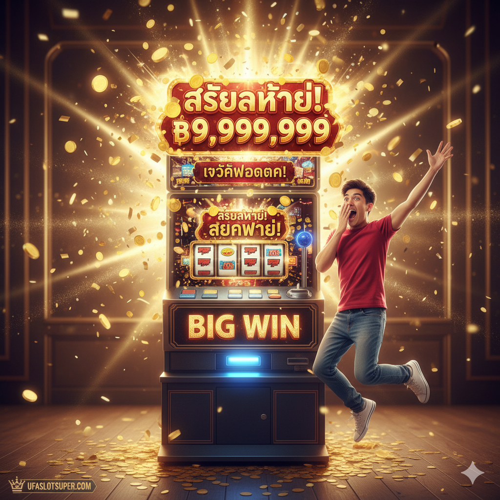 优势/高潮图，体现'มีมได้แจ็คพอต'（中แจ็คพอตมีม）的狂喜。图片以'Big Win'为中心，角子机屏幕上显示着巨额的泰铢数字และ爆炸式的特效。前景是一个穿着休闲服的泰国年轻人（男女皆可），做出极度兴奋、惊讶และ狂喜的夸张表情（例如，捂嘴กรีดร้อง、跳起来หรือ双臂高举）。整体风格明亮、饱和度高，充满节日般的金色光芒。该图代表了玩家ในufaslotsuper.com上获得成功的瞬间。