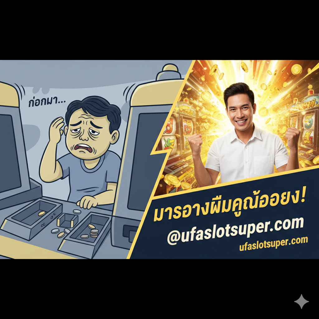 สรุป/CTA图,鼓励用户前往ufaslotsuper.com。图片构图为双画面(Split Screen)。ซ้าย侧是本文中提到的一个经典'มีมเสียพนัน'(输钱มีม)的场景(例如一个沮丧的表情),配上小字“ก่อนมา...” (来之前...)。ขวา侧则是ufaslotsuper.com的Logoหรือ网址,配上一个充满自信และ笑容的玩家形象,背景是角子机แตก(爆奖)的画面,并配上大字CTA:“มาสร้างมีมของคุณเอง! @ufaslotsuper.com” (来创造你自己的มีม!)。整体风格明快,色彩对比鲜明,突出品牌名และCall-to-Action。