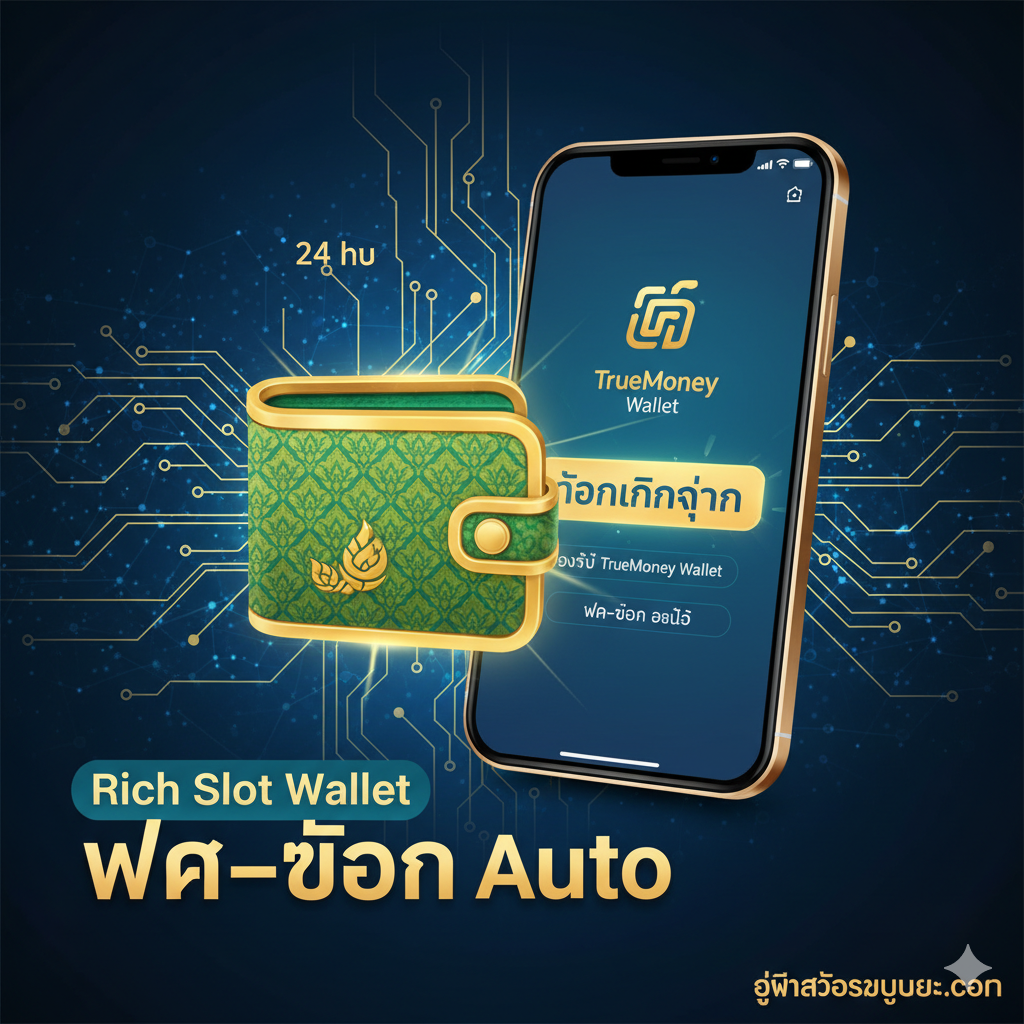一张突出“Rich Slot Wallet”และ“ฝาก-ถอน Auto”功能的ภาพ。มีไอคอนกระเป๋าสตางค์สีทองหรือสีเขียวแบบไทยๆ อยู่ตรงกลาง พร้อมหน้าจอมือถือแสดง“Instant Withdrawal”และ“TrueMoney Wallet”เน้นความเร็วและความสะดวก