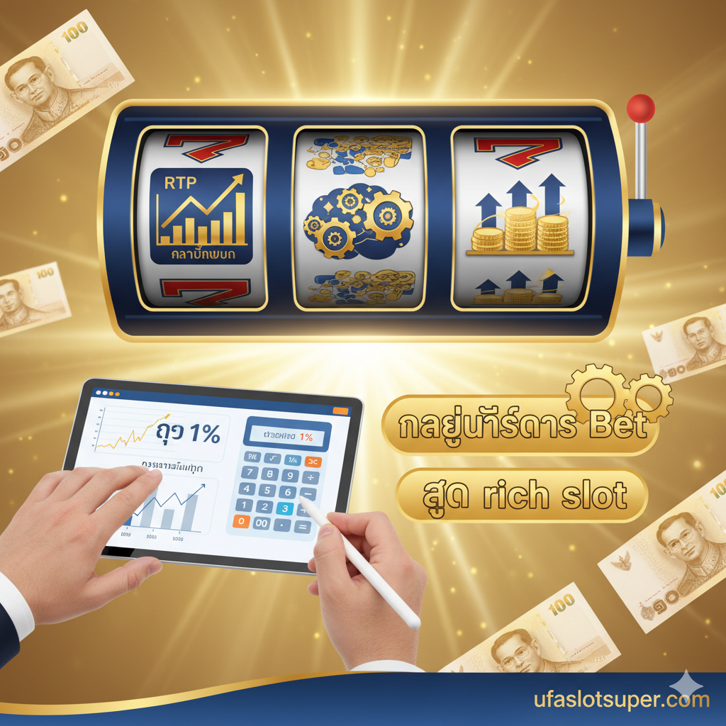 ภาพแสดง“กลยุทธ์การ Bet”และ“สูตร rich slot” มีวงล้อสล็อตถูกแทนที่ด้วยแผนภูมิข้อมูลหรือสูตร（เช่น RTP/Volatility）และมือที่กำลังใช้เครื่องคิดเลขเพื่อสื่อถึงการบริหารเงินทุนและการใช้กฎ 1%