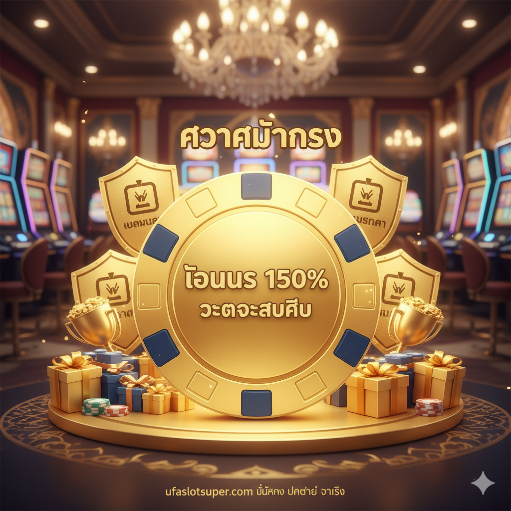 一张聚焦“โบนัส 150%”และ“ความมั่นคง”ของ ufaslotsuper rich slot。มีชิปขนาดใหญ่เขียนว่า“150% Exclusive Bonus”ล้อมรอบด้วยโล่(ความปลอดภัย)และแก้วไวน์/กล่องของขวัญ(VIP)