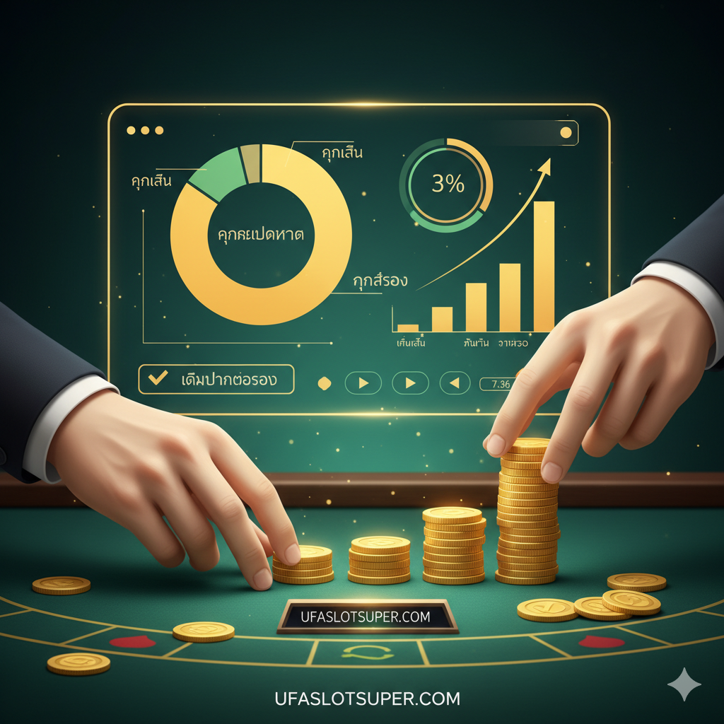 ภาพประกอบสำหรับส่วน 'เทคนิคและสูตรสล็อตออนไลน์' โดยเน้นที่ Bankroll Management (การจัดการเงินทุน) แสดงภาพมือที่กำลังวางเหรียญทองหรือโทเคนอย่างมีระเบียบบนโต๊ะพนันสีเขียว มีกราฟิกแผนภูมิแท่งหรือวงกลมเล็กๆ ที่แสดงถึงการแบ่งสัดส่วนเงินทุนอย่างชาญฉลาดอยู่ด้านหลัง โทนสีเขียวและเหลืองทอง เน้นความมีวินัยและการวางแผน ภาพต้องสื่อถึงความเป็นมืออาชีพในการบริหารความเสี่ยง ไม่ใช่แค่การเสี่ยงโชค