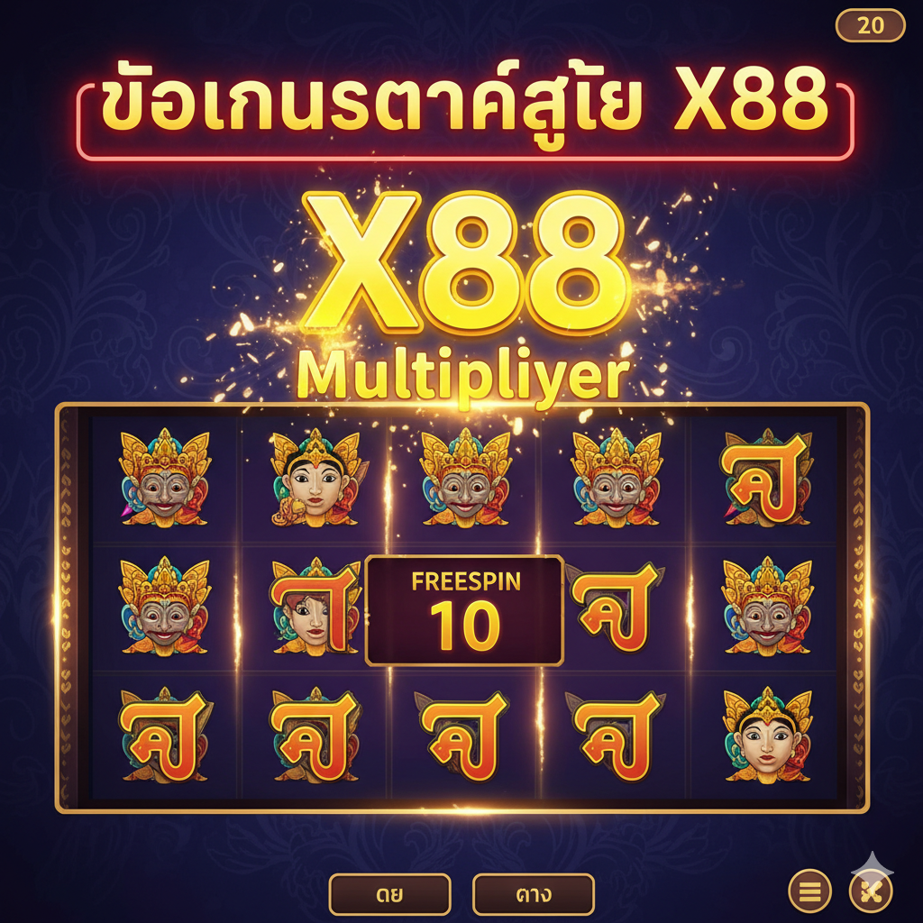 ภาพแสดงคุณสมบัติเด่นของเกม: นำเสนอวงล้อสล็อต 5x3 ที่กำลังหมุนอย่างรวดเร็ว โดยเน้นที่สัญลักษณ์ Scatter และ Wild ตัวสำคัญ พร้อมแสดงหน้าจอ 'FREESPIN' ที่กำลังทำงานอยู่ โดดเด่นด้วยการแสดงตัวคูณ 'X88 Multiplier' ขนาดใหญ่และมีแสงไฟกระพริบเป็นประกาย ข้อความภาษาไทย 'โบนัสแตกง่าย X88' ถูกวางไว้ด้านบนเพื่อดึงดูดความสนใจ ใช้โทนสีฟ้า/ม่วงเข้มตัดกับสีเหลืองทองของโบนัสเพื่อสร้างความตื่นเต้น