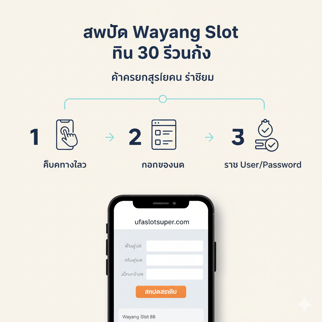 ภาพอินโฟกราฟิกขั้นตอนการสมัครและล็อกอินที่ง่ายและรวดเร็ว: แสดงไอคอน 3 ขั้นตอนเรียงจากซ้ายไปขวา (1. คลิกทางเข้า, 2. กรอกข้อมูล, 3. รับ User/Password) โดยมีภาพจำลองของหน้าจอมือถือที่แสดงฟอร์มการสมัครอย่างง่าย ตัวเลข 1, 2, 3 มีขนาดใหญ่และชัดเจน พร้อมข้อความภาษาไทย 'สมัคร Wayang Slot ใน 30 วินาที' เป็นหัวข้อหลัก ใช้พื้นหลังสีอ่อนและเส้นนำสายตาที่สะอาดตา เพื่อสื่อถึงความง่ายในการใช้งานและระบบออโต้